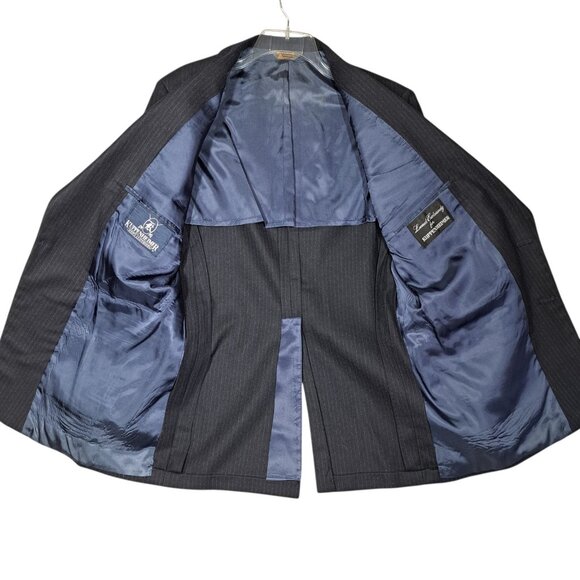 Vintage Kuppenheimer Mens Wool Suit 44R 34X32 Navy Blue Pinstripe 2 Piece USA - Picture 2 of 11